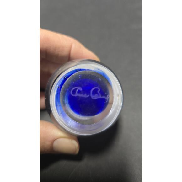 Signed Art Glass Egg Paperweight Cobalt Blue Clear White Swirl Studio Decor - Picture 8 of 10